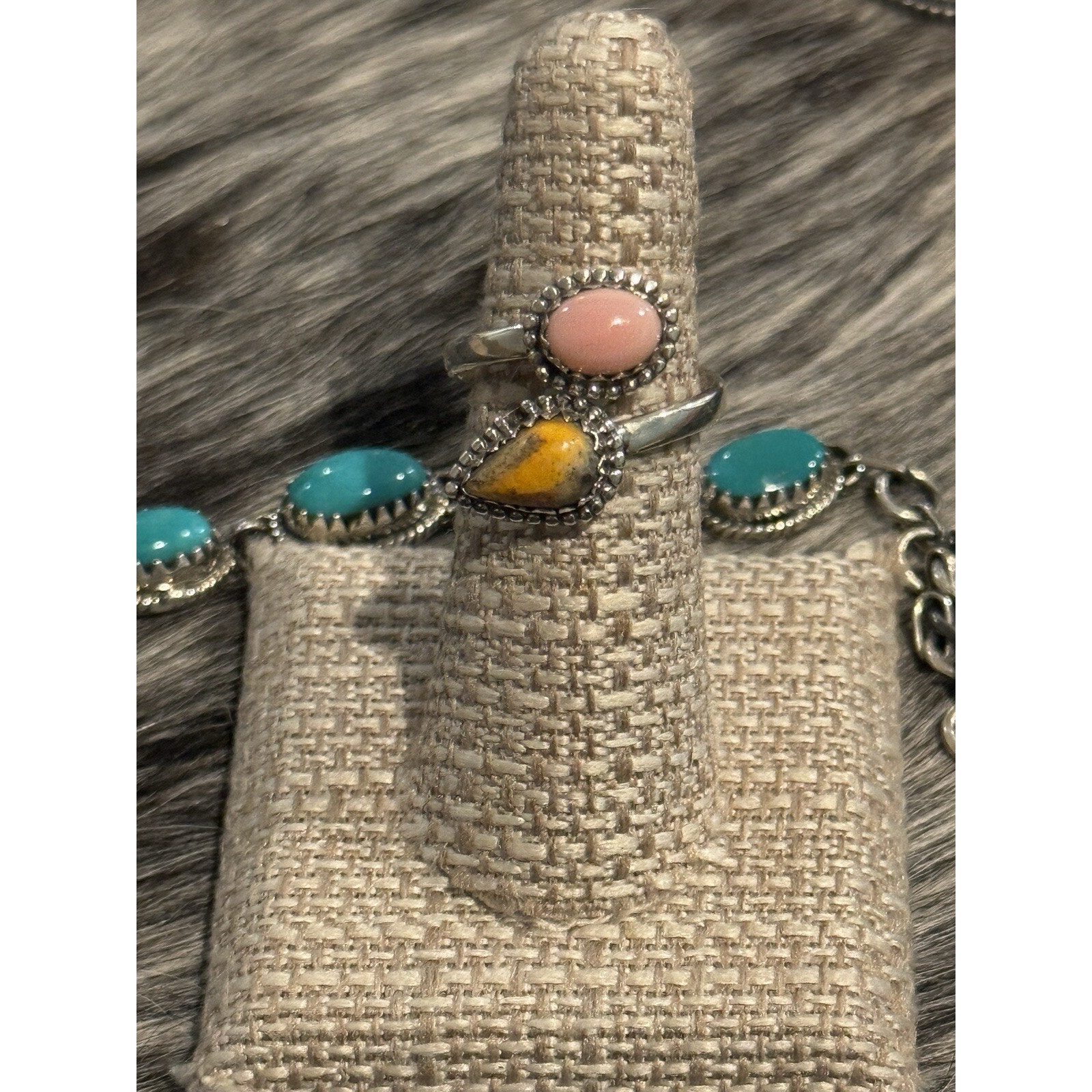 925 Southwest Sterling Silver Pink Conch Yellow Bumblebee Jasper Bypass Ring 75$